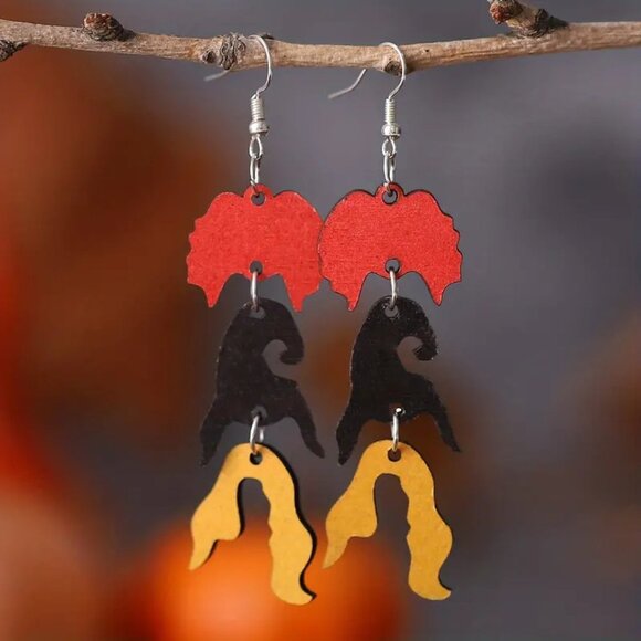 Jewelry - Hocus Pocus Halloween Red Black Yellow Witch Head Tassel Design Dangle Earrings